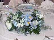 Centerpiece of Floating Candles in Silver Edge Bowl, Iris, Orchids, Roses...