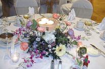 Centerpiece of Floating Candles in a Pedestal Bowl, Orchids, Delphinium, Roses...