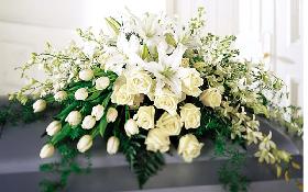 All White Casket Spray, Roses, Tulips, Lilies, Dendrobium Orchids...